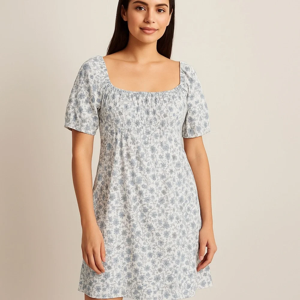 J. Crew White Mini Dress with Blue Floral Print